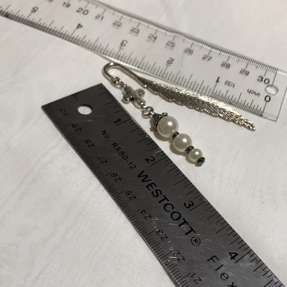 Metal Feather Hook Bookmark w/Metal Cross Bead & 3 White Glass Beads w/Bead Cap
